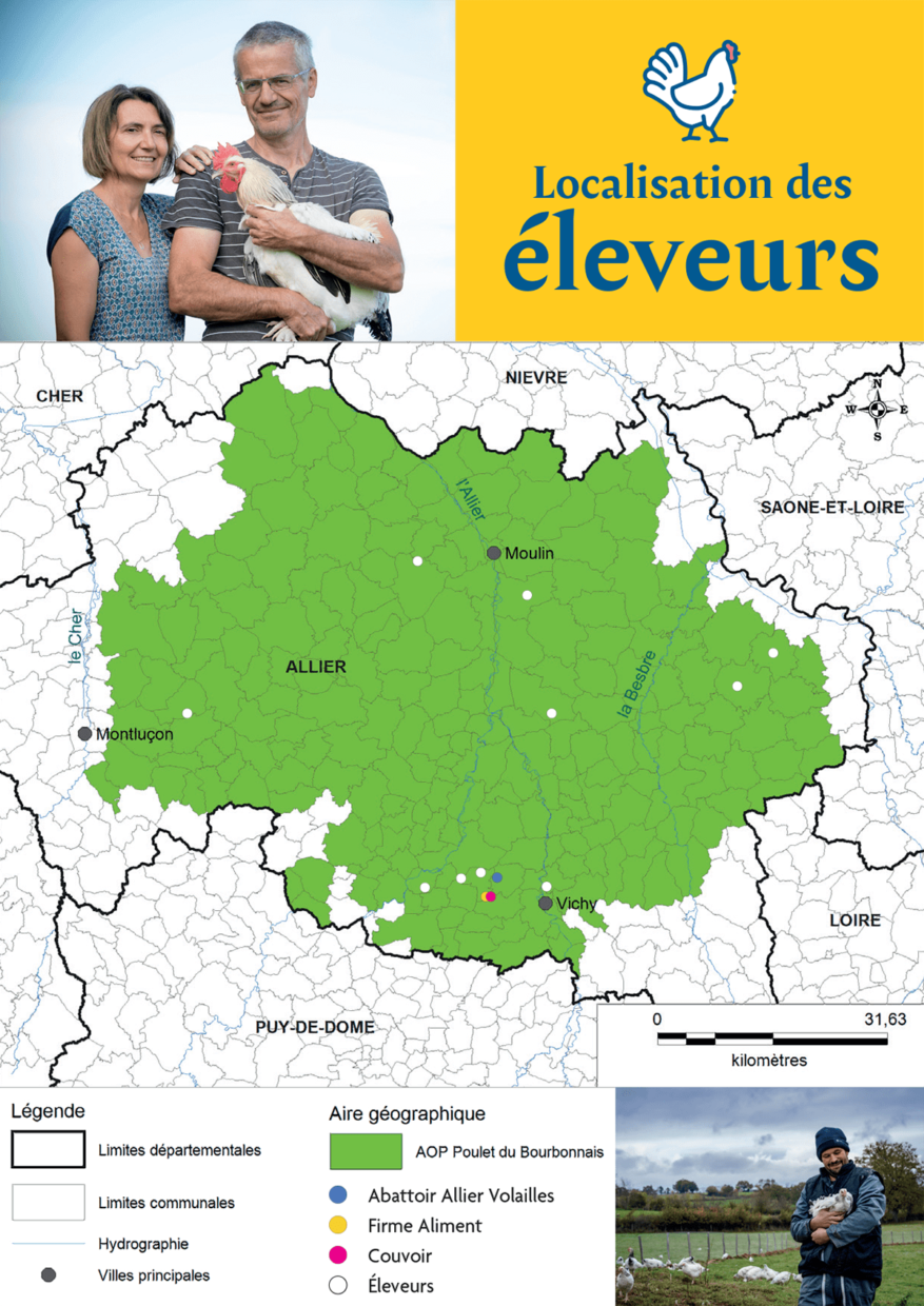 Carte de la zone de production du poulet du Bourbonnais AOC, dans l'Allier, avec localisation des éleveurs